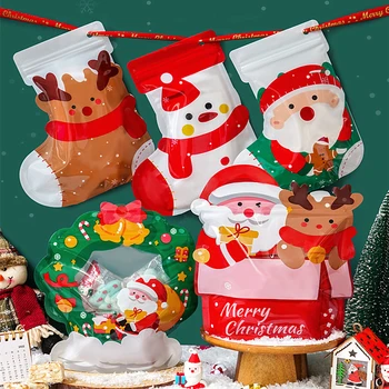 10 шт. толстых Рождественских упаковочных пакетов на молнии с изображением Санта-Клауса, Лося, Рождественских подарков для детей, сахарных носков, подвесных мешочков для хранения закусок для вечеринок