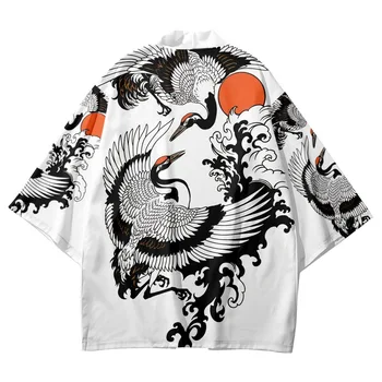 2022 Белое Кимоно с принтом японского журавля, Кардиган, рубашка для косплея, Блузка для женщин, мужчин, Юката, Летние пляжные Традиционные топы Хаори