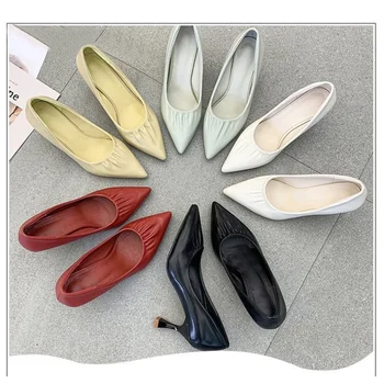 2022 Кожаные женские туфли на высоком каблуке с острым носком, офисные туфли на среднем каблуке, туфли-лодочки, женская обувь бежевого цвета, весна