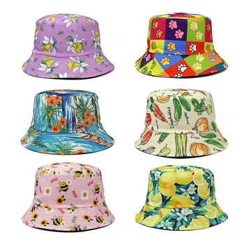 2022 Мода Двусторонняя Рыбацкая Шляпа Basin Hat Женский Цветок Фруктовый Узор Солнцезащитная Шляпа Внешняя Торговля Шляпа Весна Модная Солнцезащитная Шляпа