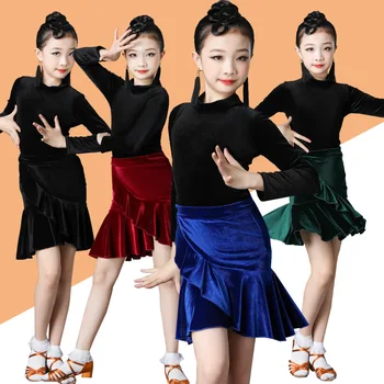 2022 Одежда для латиноамериканских танцев для девочек Юбки для репетиций детских профессиональных конкурсов Бархатные платья Зима