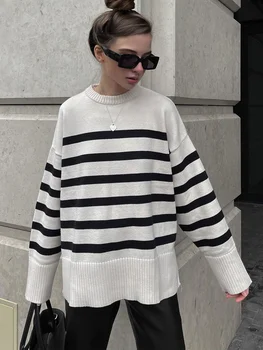 2023 Женские осенние Повседневные полосатые пуловеры, свитера с круглым вырезом, Свободная вязка, женская уличная мода, Теплый свитер, одежда