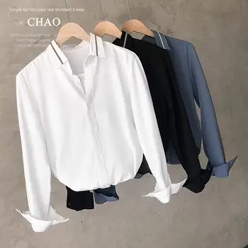 2023 Лето Весна Черные рубашки с длинными рукавами Мужские Корейские Удобные блузки Повседневная Свободная однобортная рубашка Офисные топы A81