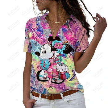 2023 Новая модная женская рубашка с 3D цифровым принтом с персонажами Диснея, весна / лето, поло с коротким рукавом и пуговицами, повседневный топ для милых девушек