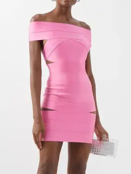 2023 Новое летнее женское Розовое платье с открытыми плечами и вырезом на спине, сексуальное облегающее Мини-бандажное платье, элегантное вечернее платье знаменитостей