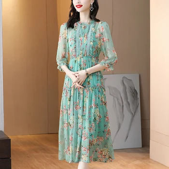 2023 Новое летнее французское платье из шелка с цветочным принтом с фрагментированными цветами из шелка шелкопряда на талии, узкая юбка длиной выше колена