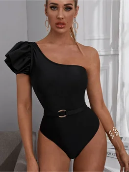 2023 Новый Европейский и Американский сексуальный женский купальник-бикини черного цвета с поясом на одно плечо, цельный купальник Slim Slim Внешняя торговля