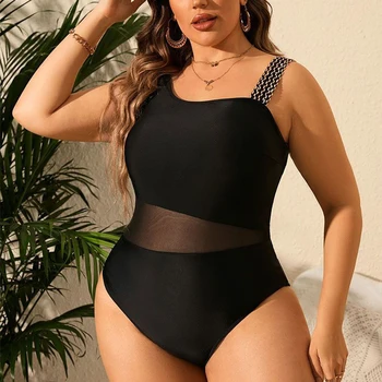 2023 Новый женский цельный купальник размера плюс 4XL, прозрачный однотонный черный женский купальник, сексуальный купальный костюм, пляжная одежда
