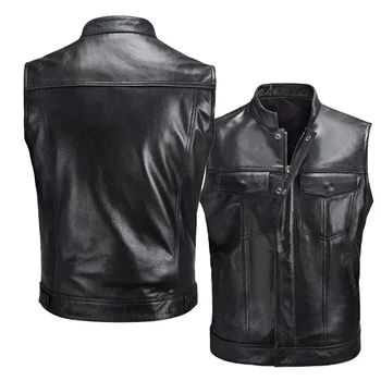 2023 Новый мужской кожаный жилет с воротником-стойкой и карманом на пуговицах, мотоциклетная мужская тонкая куртка без рукавов