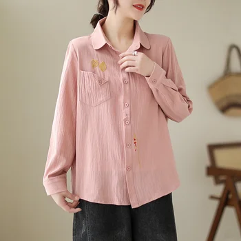 #2845 Весна 2023, винтажная хлопчатобумажная льняная рубашка, женская рубашка с вышивкой и длинным рукавом, однотонные винтажные Женские топы и блузка свободного покроя