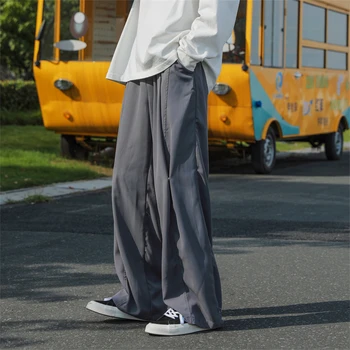 5XL-M, Плиссированные широкие брюки из ледяного шелка, мужские модные брюки оверсайз, Мужские винтажные Свободные прямые брюки, Мужские брюки для уборки