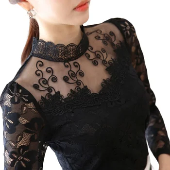 5XL Женские весенне-летние блузки, рубашки, женская мода, с длинным рукавом и круглым вырезом, черно-белая кружевная открытая одежда, блузы, топы CT0846
