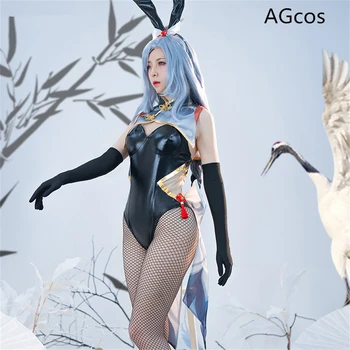 AGCOS игра Genshin Impact SHENHE Bunny Girl Косплей костюм женщины Сексуальные комбинезоны Костюмы