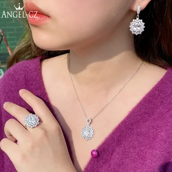 ANGELCZ Fashion Jewelry Set Pave Seting Bling Белый Овальный камень Элегантные Длинные Серьги-подвески Ожерелье Кольцо 3шт AJ259