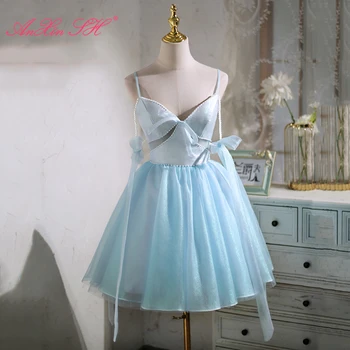 AnXin SH принцесса небесно-голубой атласный спагетти-ремень с бисером и жемчугом, маленький бантик для вечеринки, короткое вечернее платье для невесты, маленькое голубое платье