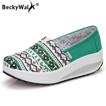 BeckyWalk/ Демисезонная Женская обувь; Парусиновая Прогулочная обувь без шнуровки; Женские Лоферы; Удобная Повседневная обувь На платформе WSH2938