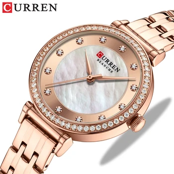 CURREN Новые женские кварцевые часы с ракушечным циферблатом, браслет из нержавеющей стали, наручные часы для женщин, роскошные часы со стразами