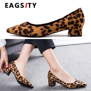 EAGSITY Женская обувь леопардовые квадратные каблуки острым носом женская обувь платье скольжения на высоком каблуке неглубокие свадебные работы партии насосов