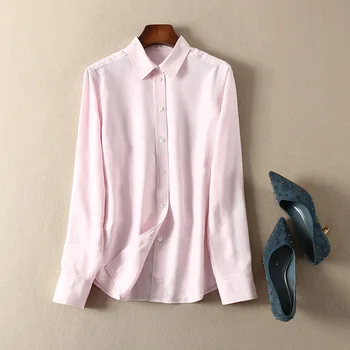 ElfStyle Шелк 100% OL /Повседневная Однотонная Длинная Блузка В Простом Стиле - 2020 Женская Белая / Обнаженная / Розовая Рубашка-топ