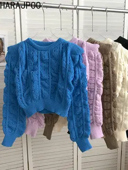 harajpoo С оборками, с круглым вырезом, с длинными рукавами, короткий вязаный свитер, женский, осень-зима 2022, Корейский стиль, ретро, универсальный пуловер