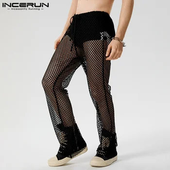 INCERUN Мужские сетчатые брюки с прозрачным шнурком, Сексуальные брюки, мужская уличная одежда 2023, Однотонные Модные панталоны S-5XL