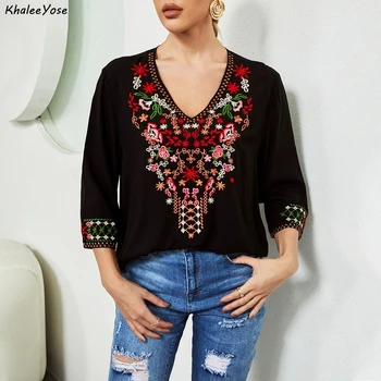 KHALEE YOSE Блузка с цветочной вышивкой, Рубашки, Черно-белая Винтажная Мексиканская блузка в стиле Бохо, Женская 23XL, Этническая Блузка, Топы, Блузка