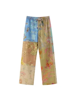 Kumsvag 2023 Женские летние брюки-клеш с винтажным принтом в стиле пэчворк, эластичный пояс с завязками и бантом, Женские Элегантные уличные брюки