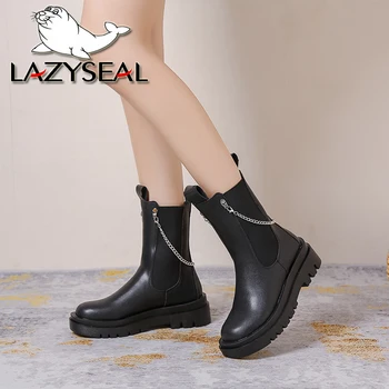 Lazyseal, женские мотоциклетные ботинки на квадратном каблуке 5 см, лаконичные ботильоны с круглым носком, женская обувь на платформе Dec с цепочкой, Размер 43