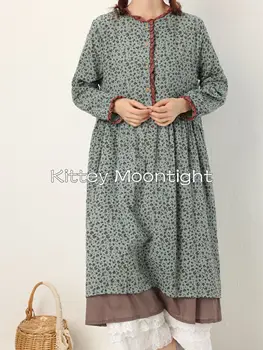 Mori Girl Foral, хлопковые льняные платья с длинными рукавами, Японское винтажное Свободное платье с гофрированным воротником, Осеннее Ретро Женское платье