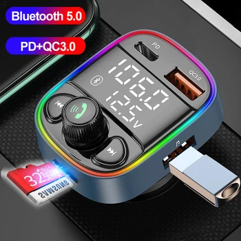 PD20W QC3.0 Быстрое зарядное устройство, встроенный FM-передатчик, адаптер Bluetooth 5.0, красочный светодиодный комплект громкой связи, автомобильный mp3-плеер, TF U-диск для воспроизведения