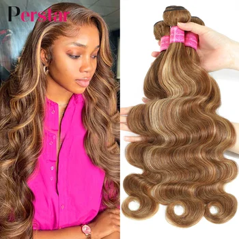 Perstar Highlight Объемная волна, Пучки человеческих волос, Бразильское Плетение Волос, 3-4 пучка, Медово-русые Пучки для наращивания Человеческих волос