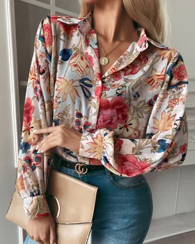 RMSFE 2021 Женская рубашка с длинным рукавом и лацканами с цифровой печатью, модная, темпераментная рубашка с большим бортиком