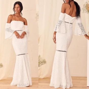 RMSFE 2021 Женское белое кружевное вечернее платье с разрезом, сексуальная свадебная юбка с запахом на бедрах, кружевное вечернее платье со средней талией, с короткими рукавами и открытыми плечами, с разрезом 2021 года