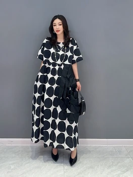 SuperAen 2023, летнее новое длинное платье Макси с принтом в горошек в корейском стиле, повседневное женское длинное платье с круглым вырезом