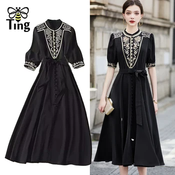 Tingfly Женская дизайнерская мода Черного цвета с вышивкой, длинные платья Миди трапециевидной формы с поясами, Женская Офисная повседневная Женская одежда Za