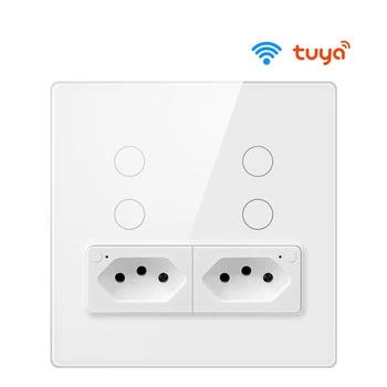 Tuya Brazil 4X4 WiFi Настенный Выключатель с Розеткой, Сенсорный прерыватель 4 gang Smart Light Switch работает для Alexa Google Home