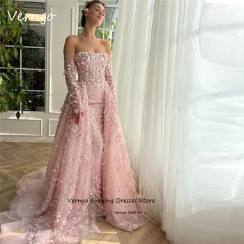 Verngo 2023, Блестящие Розовые кружевные вечерние платья принцессы с цветами, Съемный шлейф, Длинные рукава, Вечерние платья для выпускного вечера с садовым блеском.
