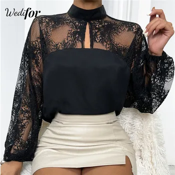 Wedifor/ Элегантные Черные кружевные женские рубашки в стиле пэчворк, пикантная прозрачная летняя блузка со стоячим воротником, повседневные модные женские топы