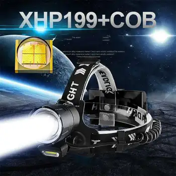 XHP199 Мощная налобная фара COB 18650 Перезаряжаемый головной светодиодный фонарик Водонепроницаемый налобный фонарь Фонарь для кемпинга Cap Light