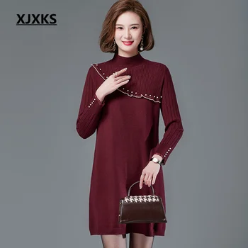 XJXKS 2022 Новинка зимы, Свободное женское платье-водолазка оверсайз, Высококачественный шерстяной вязаный пуловер, женский длинный свитер