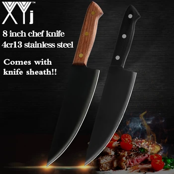 XYj 8-дюймовый Кухонный нож с острым лезвием из нержавеющей стали, ножи шеф-повара, черное лезвие, нож для фруктов, овощей с деревянной ручкой, Принадлежности для приготовления пищи