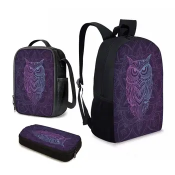 YIKELUO, 3ШТ, Фиолетовый, с богемным принтом Совы, подарки для школьников, 3D-печать, водонепроницаемая дорожная сумка на открытом воздухе, Новая сумка для ланча