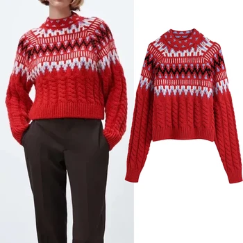 YMQL Za, Женский свитер, жаккардовый красный вязаный свитер, женский топ с длинным рукавом, пуловер, осенний Винтажный Короткий свитер