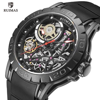Автоматические Механические часы RUIMAS, мужские Роскошные Модные Военные Спортивные наручные часы со скелетом, Мужские силиконовый ремешок, водонепроницаемые Часы