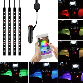 Автомобильная светодиодная лента 48 светодиодов Bluetooth App Controller, многоцветная музыка, подсветка салона автомобиля под подсветкой приборной панели