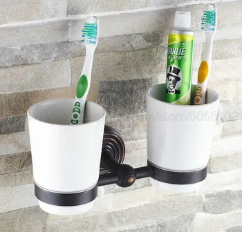 Аксессуар для ванной комнаты, настенный бронзовый держатель для зубной щетки, натертый маслом, с двумя керамическими чашками zba118a