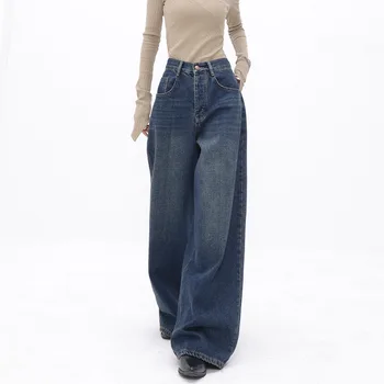 Американские винтажные джинсовые брюки Оверсайз с высокой талией, повседневные мешковатые Y2K, широкие уличные брюки в стиле гранж, синие джинсовые брюки