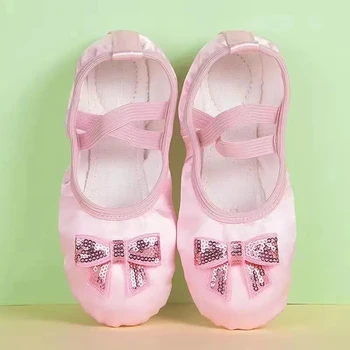 Балетные тапочки для девочек USHINE, кружевные балетные туфли для танцев, кружевные парусиновые балетные туфли на мягкой подошве с бантиком, Балетные тапочки