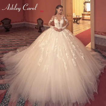 Бальное платье Ashley Carol, Свадебное платье 2022, С длинным рукавом, Роскошные Аппликации из бисера, Платья невесты Принцессы из Иллюзионного собора