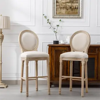 Бежевый и натуральный набор из 2 барных стульев французского кантри с мягкими сиденьями для внутренней ресторанной мебели